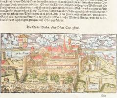 Buda, a királyi palota Nyugatról felvett korai fametszetű színezett látképe.   A kép felett :Die Sta...