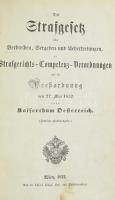 Das Strafgesetz über Verbrechen, Vergehen und Uebertretungen, die Strafgerichts-Competenz-Verordnungen und die Pressordnung vom 27. Mai 1852 für das Kaiserthum Oesterreich. (Amtliche Handausgabe.) Wien, 1852., Kaiserl. Königl. Hof- und Staatsdruckerei, 224+CXIV p. Német nyelven. Korabeli félvászon-kötésben, kissé foltos címlappal.