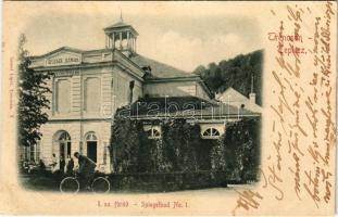 1899 (Vorläufer) Trencsénteplic, Trencianske Teplice; 1. sz. tükörfürdő, kerékpáros. Gansel Lipót kiadása / Spiegelbad No. 1. / spa, bath, bicycle (EK)