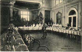 1907 Pola, Pula; K.u.K. Kriegsmarine Marine-Kasino / Osztrák-magyar haditengerészeti kaszinó, belső pincérekkel / Casino di Marina / Austro- Hungarian Navy, mariners&#039; casino, interior with waiters. G. Fano 1907-08.