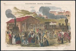 1866 Buda (Déli pályaudvar) csapatok indulnak a frontra. színezett fametszetű illusztráció Budai pályaudvar (mai Déli pályaudvar) látképe .   Érdekes vasúttörténeti ábrázolás  Megjelent : L'illustration Journal Universel című francia képes újságban 1866-ban Párizsban  mérete : 24x 18 cm cm