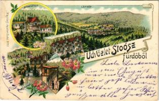 1899 (Vorläufer) Stószfürdő, Stoósz-fürdő, Kúpele Stós; Dr. Czirfusz villa, látkép, Hungária nyaraló, Kompordai ház. Wlaszlovits Gusztáv No. 103. / villas, spa. Art Nouveau, floral, litho