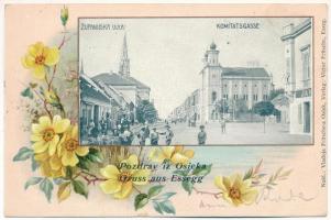 1899 (Vorläufer) Eszék, Essegg, Osijek; Zupanijska ulica / Comitatsgasse / utca, zsinagóga, piac / street, synagogue, market. Victor Fritsche Art Nouveau floral, litho