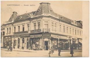 1911 Nagyvárad, Oradea; Bazár épület, Magyar Általános Hitelbank, Dr. Barta fogorvos, Frankl Róza, Ausländer Berta, Wéber Testvérek áruház üzlete. Helyfi László kiadása / shops, dentist, credit bank (fl)