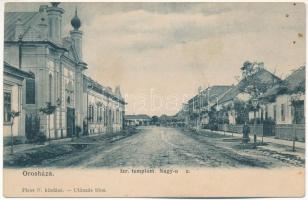 1906 Orosháza, Izraelita templom, zsinagóga, Nagy utca. Pless N. kiadása + &quot;NAGYVÁRAD-SZEGED&quot; vasúti mozgóposta