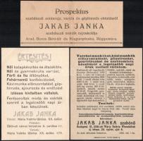 1922 3 db szórólap, Jakab Janka, egy Erdélyből a budapesti Mária Valéria telepre került szabónő reklámlapjai szakmája újraindításához. 17x7,5 és 15x11,5 cm.