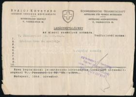 1944 Lakásbeautalójegy a svájci követség kollektív útlevelében lévő személyek részére / Flat referral ticket issued by the Swiss Embassy in Budapest to a Hungarian citizen.