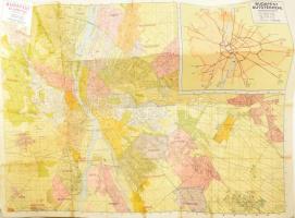 cca 1945 Valentiny Károly: Budapest és környékének térképe, 1 : 25.000, (rajta Budapest autótérképe, 1 : 100.000), Bp., Gergely Rezső könyvkereskedés kiadása (Közlekedési-ny.), gyűrődésekkel , 117x81 cm