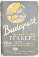 cca 1945 Valentiny Károly: Budapest és környékének térképe, 1 : 25.000, (rajta Budapest autótérképe, 1 : 100.000), Bp., Gergely Rezső könyvkereskedés kiadása (Közlekedési-ny.), jó állapotban , 117x81 cm