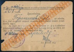 1923 M. kir. nagytétényi nemzeti munkavédelmi hivatal kirendeltsége tagjának fényképes igazolványa, ...
