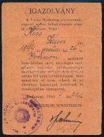 1945.V.22 Fényképes igazolvány Honvédelmi Minisztérium alkalmazottja részére, szakadással