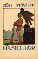 Zdar Strazcum Nasichhor / Szlobák katonai művészlap / Slovakian military mountain squad art postcard