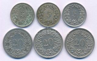 Svájc 1889-1962. 5R Cu-Ni (3xklf) + 1891. 20R Ni + 1955-1960. 20R Cu-Ni (2xklf) T:XF-F patina
Switz...