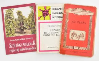 3 db szőlőtermeléssel kapcsolatos könyv: A. Negrila: Az oltás. Ford.: Keszi-Harmath Erzsébet. Bukarest, 1956, Mezőgazdasági és Erdészeti Állami Könyvkiadó, 36+(4) p. Kiadói tűzött papírkötés, sérült, ragasztott borítóval, helyenként sérült lapokkal, nagyrészt szétvált fűzéssel, a lapok többsége kijár. Megjelent 100 példányban. + Kriszten György: A szőlő helybenoltása, döntése, bujtása. Kertünk, házunk, otthonunk. Bp., 1973, Mezőgazdasági Kiadó. Kiadói papírkötés, kissé koszos borítóval, sérült gerinccel. + Kriszten-Marcinkó-Mikóczy-Szkocsovszky: Szőlősgazdáknak régi és új művelésmódok. Bp., 1991, Mezőgazdasági Kiadó. Kiadói papírkötés.