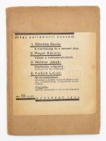 Négy parlamenti beszéd. 1. Gömbös Gyula: A munkásság és a nemzeti alap. 2. Peyer Károly: Válasz a miniszterelnöknek. 3. Weltner Jakab: Kapitalista világrend. 4. Kabók Lajos: Munkáskérdések. Függelék. Bp., 1934, ny.n., 46 p. Papírkötésben, sérült, hiányos borítóval, az elülső borító pótolt, szétvált fűzéssel, a lapok kijárnak.