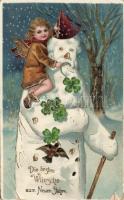 New Year, child angel, snowman, golden decoration, M.S.i.B. 15165. litho (EB)