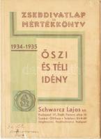 1934 Budapest, Schwarz Lajos Deák Ferenc utcai férfi divatáru kereskedő zsebdivatlap és mértékkönyve az őszi-téli idényre, jó állapotban, 15 db egész oldalas képpel