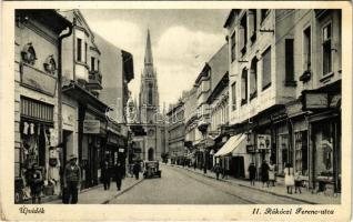 1942 Újvidék, Novi Sad; II. Rákóczi Ferenc utca, üzletek, automobil. Zima Károly és Társa kiadása / street view, shops, automobile (EK)