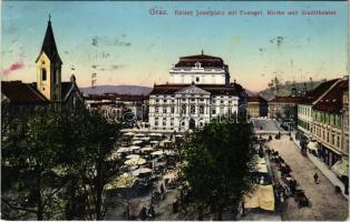 Graz (Steiermark), Kaiser Josefplatz mit Evangel. Kirche und Stadttheater / tér, Evangélikus templom, színház, piac / square, church, theatre, market (fl)