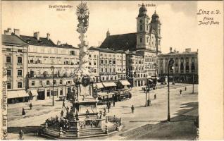 Linz, Franz Josef-Platz, Dreifaltigkeits-Säule, Domkirche / square, Holy Trinity statue, church, tram, shops / Ferenc József tér, Szentháromság szobor, székesegyház, villamos, üzletek