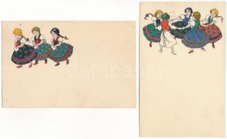 2 db régi magyar folklór művészlap: tánc és bánat / 2 pre-1945 Hungarian folklore art postcards