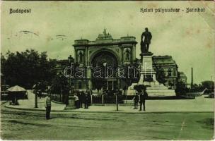 1908 Budapest VII. Keleti pályaudvar, Baross szobor, vasútállomás, villamos (szakadás / tear)