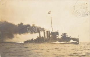 cca 1916 Az osztrák-magyar haditengerészet S.M.S. Warasdiner rombolója, fotólap hátoldalán kis sérüléssel / Privately-made sepia photograph (horizontal) of S.M.S. Warasdiner with backside damage