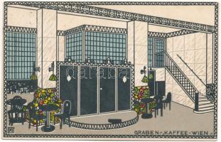 1915 Graben Kaffee Wien / café interior in Vienna, Wiener Werkstätte style art postcard (Rb)