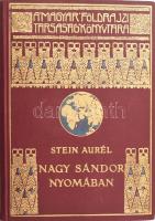 Stein Aurél (1862-1943): Nagy Sándor nyomában Indiába. Ford.: Halász Gyula. Magyar Földrajzi Társaság Könyvtára. Bp.,[1931], Franklin, 1 t. (címkép)+183 p.+32 (kétoldalas fekete-fehér képtáblák). Két egészoldalas térképpel. Kiadói dúsan aranyozott egészvászon sorozatkötésben, a borítón kis kopásnyomokkal, kissé foxing foltos lapokkal, de ezeket leszámítva jó állapotban.