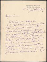 1907.VII.15 Munkácsy Mihály (1844-1900) festőművész özvegye, Cécile de Munkácsy, szül. Papier (1845-1915) autográf, francia nyelvű levele Gerő Ödönnek (1863-1939), a Pesti Napló szerkesztőjének, aki ebben az időben a Petőfi Album szerkesztésén és írásán dolgozott. Munkácsy özvegye megígéri, hogy a festőművész Petőfi búcsúja a szülői háztól c. művéről küld egy reprodukciót valamint örülne neki, amennyiben decemberben kapna egy példányt az albumból. Kiemeli, hogy néhai férje mennyire szerette és tisztelte Petőfi munkásságát. Megkéri Gerőt, hogy lehetőleg küldjön neki egy budapesti német nyelvű napilapot, mivel nem elégséges a magyar nyelv tudása, hogy figyelemmel tudja követni a magyarországi eseményeket, &quot;a hazáját annak, akit gyászolok és aki megtanított szeretni&quot;. Három kézzel írt oldal, Chateau de Colpach fejléces papírján, Cécile de Munkácsy autográf aláírásával. Eredeti, Munkácsy özvegye által kézzel címzett, sérült és hiányos borítékban. A colpachi kastélyban Munkácsy nagyon sok időt töltött, többek közt itt kezdte el egyik főműve, a Köpülő asszony festését. / 15.07.1907 Letter from the widow of famous Hungarian painter Mihály Munkácsy (1844-1900), Cécile de Munkácsy, born Papier (1845-1915) in French. She writes to Hungarian journalist Ödön (Edmund) Gerő, who at the time works on album about Sándor Petőfi, the most famous Hungarian poet of the XIX. century and mentions, that she will send a reproduction of a painting that is Munkácsy&#039;s work on Petőfi. In order to stay up to date with what is happening in Hungary, she asks for german speaking newspaper in Budapest. With some other interesting details. Three hand written pages, wih autograph signature by Cécile de Munkácsy and in original envelope.