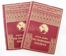 Stein Aurél (1862-1943): Ősi ösvényeken Ázsiában I-II. köt. Három kutató utam Ázsia szívében és Kína északnyugati tájain. Ford.: Halász Gyula. Magyar Földrajzi Társaság Könyvtára. Bp.,[1936], Franklin, 1 (címkép)+XV+136;137-247 p + 52 (fekete-fehér képtáblák) t. +1 (kihajtható térkép) t. Fekete-fehér képtáblákkal, közte kihajtható képtáblákkal, és egy kihajtható térképpel illusztrált. Kiadói dúsan aranyozott egészvászon sorozatkötésben, a borítón kis kopásnyomokkal, de alapvetően jó állapotban.