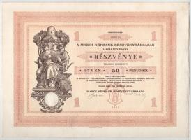 Makó 1929. "Makói Népbank Részvénytársaság" részvénye 50P-ről, szelvényekkel, szárazpecsét...
