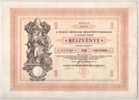 Makó 1929. "Makói Népbank Részvénytársaság" részvénye 50P-ről, szelvényekkel, szárazpecsét...