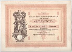 Makó 1929. "Makói Népbank Részvénytársaság" részvénye 50P-ről, szelvényekkel, szárazpecsét...