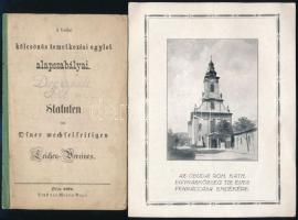 1871 A Budai Kölcsönös Temetkezési Egylet alapszabályai. Statuten des Ofener Wechselseitigen Leichen-Vereines. Ofen, 1871, Martin Bagó, 17 p. Kiadói papírkötés, néhány javítással és bejegyzéssel a szövegben. + Az Óbudai Róm. Kath Egyházközség tíz éves fennállása emlékére, rajta: Óbudai Szent Péter Pál főplébánia templom, emléklap, 20x16 cm