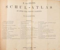 1872 E[mil] von Sydow's Schul-atlas in zwei und vierzig karten. Vier und Zwanzigste Auflage. Gotha und Wien, 1872, Justus Perthes, 1 t.+15 p.+42 t. Kopott egészvászon-kötésben, foltos címlappal, ceruzás rajzokkal és bejegyzésekkel a térképek hátoldalán, kissé foltos lapokkal.