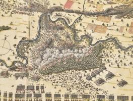 1664 Szentgotthárdi csata színezett rézmetszet. Címe középen szószalagon : Geometrischer Grundt und ...