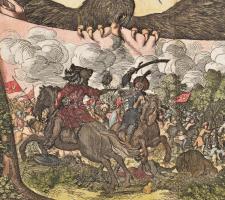 1664 Szentgotthárdi csata színezett rézmetszet. Címe középen szószalagon : Geometrischer Grundt und ...