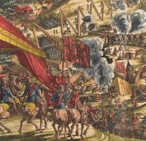 Buda és Pest látképe, Buda 1686-os dekoratív nagyméretű ostromképén. 
Gyönyörűen színezett rézmetsz...