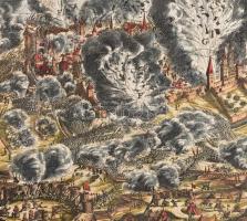 Buda és Pest látképe, Buda 1686-os dekoratív nagyméretű ostromképén. 
Gyönyörűen színezett rézmetsz...