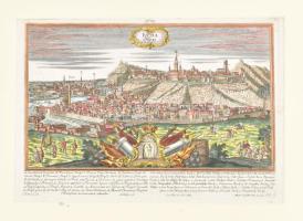 Buda. Ofen. "Buda és Pest rézmetszetű látképe észak-nyugat felől." Megjelent önálló lapként, Augsburg-ban 1732-ben, egy az Európa városait bemutató sorozat részeként.  készítője : Friedrich Bernhard Werner. Az ábrázolás központi részén a középkori buda városa, a várfalon belül rendkívül részletesen figyelhetjük meg a város elrendezését, szinte utcáról-utcára. A háttérben a tabán házai felett a Gellért-hegy. Fridrich Bernhard Werner rajzoló, rézmetsző és krónikaíró (1690-1778), a 'sziléziai Robinson' többször is járt Magyarországon, egyszer 1715 előtt, 1715-ben és 1732-ben. Ezen alkalmakkor több magyarországi város képét is elkészítette. Ez a rajza valószínűleg az utolsó utazás folyamán keletkezhetett. Rendkívül ritka Buda ábrázolás, a nemzetközi kereskedelemben is ritkán bukkan fel.