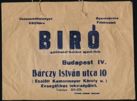 cca 1930-1940 Biró gyermekcikk-specialista (Bp. IV., Bárczy István u. 10.) reklám papírzacskó, 14x19 cm