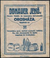 cca 1920-1930 Donauer Jenőné fűszer-, festék- és vegyesáru kereskedés Orosháza, Bp., Strassmann Testvérek Rt., gyűrődésnyomokkal, kis foltokkal, 23x20 cm