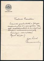 1927 Domanovszky Sándor (1877-1955) történész, Kir. M. Pázmány Péter Tudományegyetem dékánjának gratuláló levele ismeretlennek, egy kézzel írt oldal, Domanovszky Sándor autográf aláírásával, dékáni fejléces papíron
