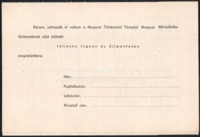 1939 Magyar Művelődéstörténet megrendelőlapja, postázott, nyomtatott aláírásokkal.