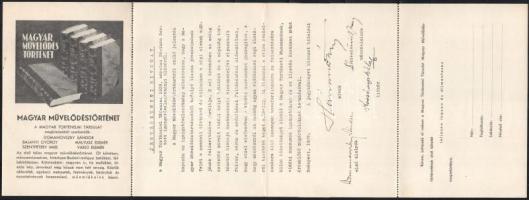 1939 Magyar Művelődéstörténet megrendelőlapja, postázott, nyomtatott aláírásokkal