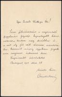 1911 Csánki Dezső (1857-1933) főlevéltárnok, történész, művelődéspolitikus, MTA tag köszönő levele ismeretlennek, 1 kézzel írt oldal, Csánki Dezső autográf aláírásával