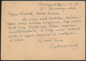1932 Lyka Károly (1869-1965) művészettörténész levele Csatkai Endre (1896-1970) művészettörténész, a...