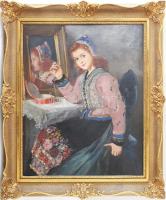 Szánthó Mária (1897-1998): Lány gyöngyökkel. Olaj, fa. Jelezve jobbra fent. Dekoratív fakeretben. 60x50 cm / Mária Szánthó (1897-1998): Lady with pearls. Oil on wood, signed upper right. Framed. 60x50 cm.
