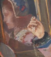 Szánthó Mária (1897-1998): Lány gyöngyökkel. Olaj, fa. Jelezve jobbra fent. Dekoratív fakeretben. 60...